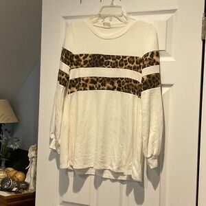 White and Leopard Print Long Sleeve Top